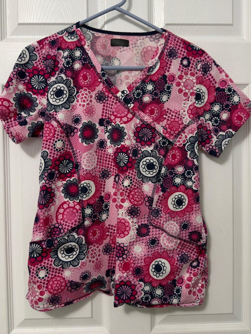 Med Couture Pink Multi Floral V-Neck Scrub Top